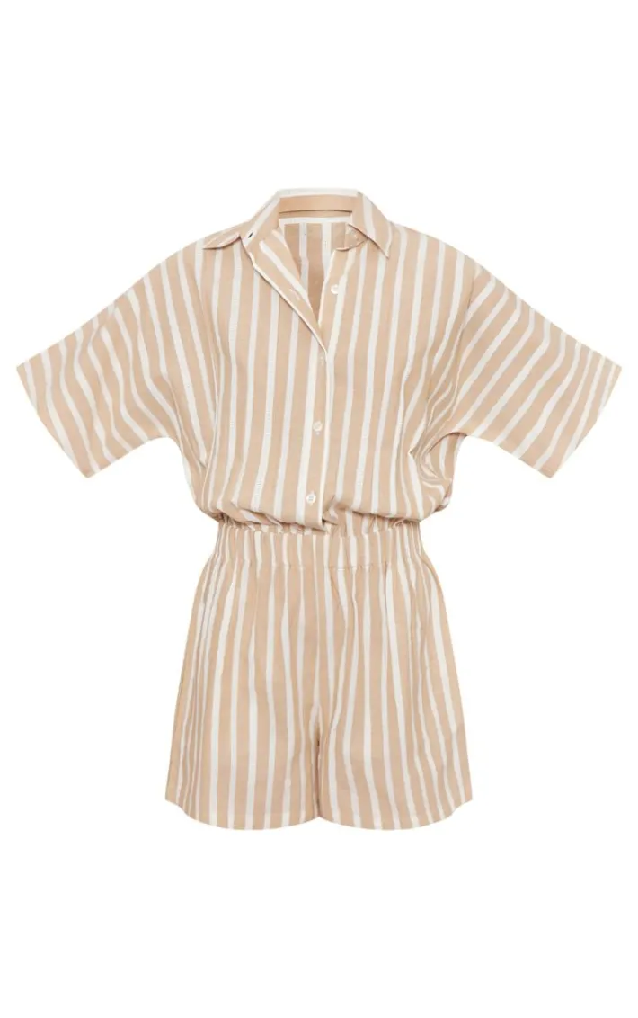 Stone Linen Look Pinstripe Button Up Shirt Detail Romper