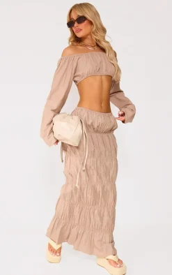 Clearance PrettyLittleThing Linen Look Ruched Maxi Skirt Stone