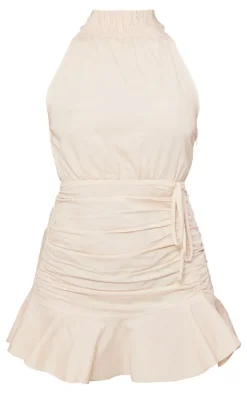 Linen Look Shirred High Neck Frill Hem Bodycon Dress-PrettyLittleThing New