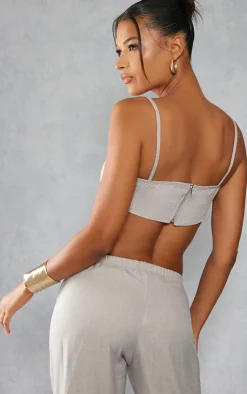Online PrettyLittleThing Linen Look Strappy Bralet Stone