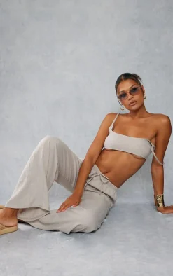 Online PrettyLittleThing Linen Look Strappy Bralet Stone