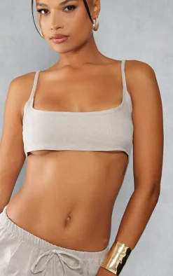 Online PrettyLittleThing Linen Look Strappy Bralet Stone