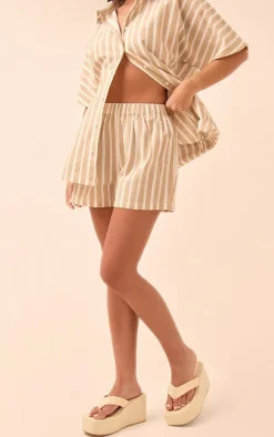 Discount PrettyLittleThing Linen Look Stripe Runner Shorts Stone