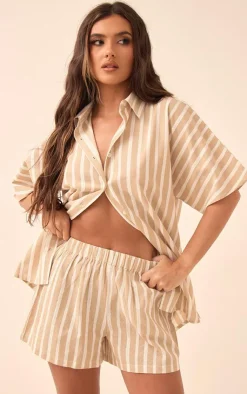 Discount PrettyLittleThing Linen Look Stripe Runner Shorts Stone