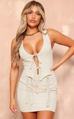 Linen Look Tie Bodycon Dress-PrettyLittleThing Sale