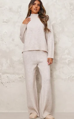 New PrettyLittleThing Luxe Knit Wide Leg Pants Stone