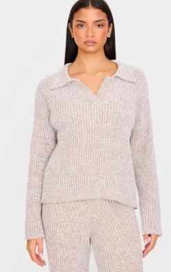 New PrettyLittleThing Marl Knitted V Neck Oversized Sweater Stone