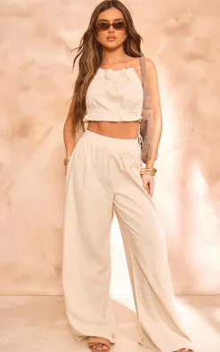 Discount PrettyLittleThing Marl Linen Look Drawstring Racer Crop Top Stone
