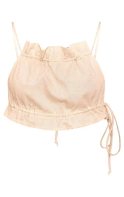 Discount PrettyLittleThing Marl Linen Look Drawstring Racer Crop Top Stone