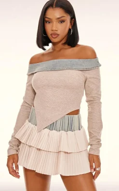 Outlet PrettyLittleThing Off The Shoulder Scoop Neck Denim Collar Top Stone