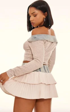 Outlet PrettyLittleThing Off The Shoulder Scoop Neck Denim Collar Top Stone