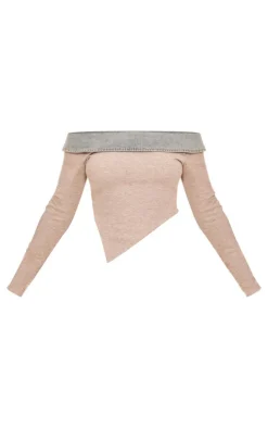 Outlet PrettyLittleThing Off The Shoulder Scoop Neck Denim Collar Top Stone