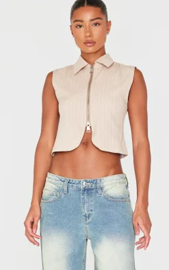 PrettyLittleThing Sleeveless Tops*Pinstripe Double Zip Sleeveless Shirt