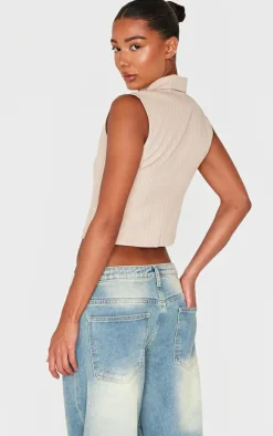 PrettyLittleThing Sleeveless Tops*Pinstripe Double Zip Sleeveless Shirt