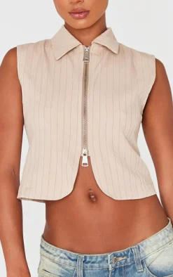 PrettyLittleThing Sleeveless Tops*Pinstripe Double Zip Sleeveless Shirt