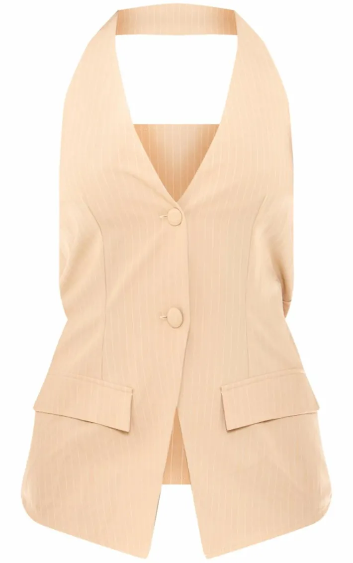 Stone Pinstripe Woven Vest Detail Romper