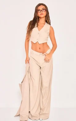 New PrettyLittleThing Pinstriped Woven Belted Back Detail Suit Vest Top Stone
