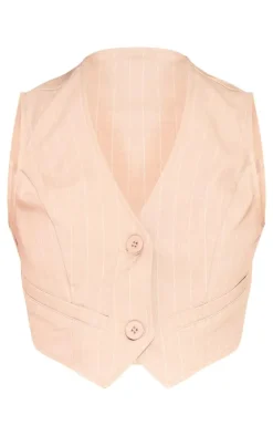 New PrettyLittleThing Pinstriped Woven Belted Back Detail Suit Vest Top Stone