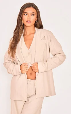 Discount PrettyLittleThing Pinstriped Woven Oversized Suit Jacket Stone