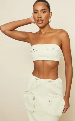 Best PrettyLittleThing Pocket Detail Denim Bandeau Top Stone