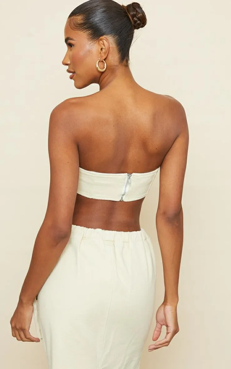 Best PrettyLittleThing Pocket Detail Denim Bandeau Top Stone