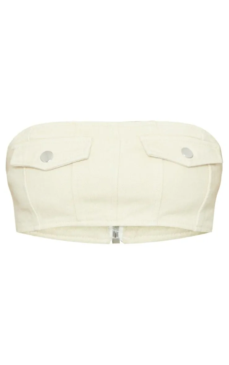Best PrettyLittleThing Pocket Detail Denim Bandeau Top Stone