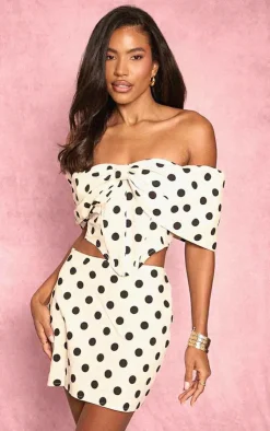 Discount PrettyLittleThing Polka Dot Bow Detail Corset Top Stone