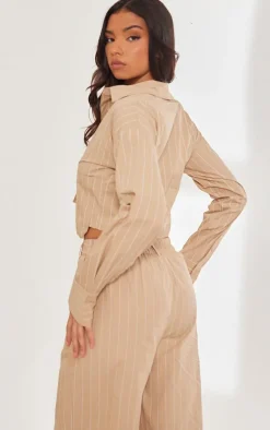 Outlet PrettyLittleThing Poplin Pinstripe Pocket Detail Cropped Shirt Stone