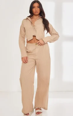 Outlet PrettyLittleThing Poplin Pinstripe Pocket Detail Cropped Shirt Stone
