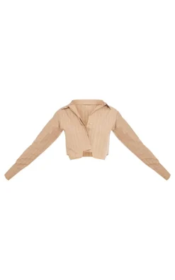 Outlet PrettyLittleThing Poplin Pinstripe Pocket Detail Cropped Shirt Stone