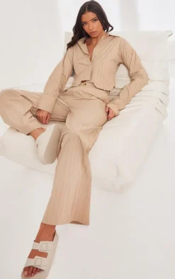 Discount PrettyLittleThing Poplin Pinstripe Tailored Wide Leg Pants Stone
