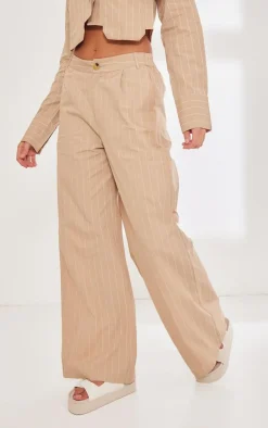 Discount PrettyLittleThing Poplin Pinstripe Tailored Wide Leg Pants Stone