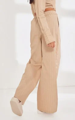 Discount PrettyLittleThing Poplin Pinstripe Tailored Wide Leg Pants Stone