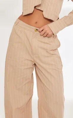 Discount PrettyLittleThing Poplin Pinstripe Tailored Wide Leg Pants Stone