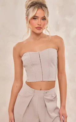 Discount PrettyLittleThing Premium Woven Hook & Eye Detail Bandeau Corset Stone