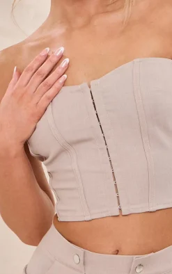 Discount PrettyLittleThing Premium Woven Hook & Eye Detail Bandeau Corset Stone