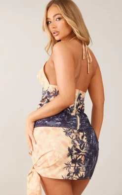Clearance PrettyLittleThing Print Woven Longline Halterneck Top Stone
