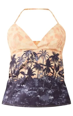 Clearance PrettyLittleThing Print Woven Longline Halterneck Top Stone