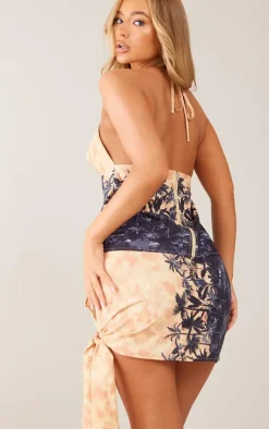 Hot PrettyLittleThing Print Woven Tie Side Mini Skirt Stone