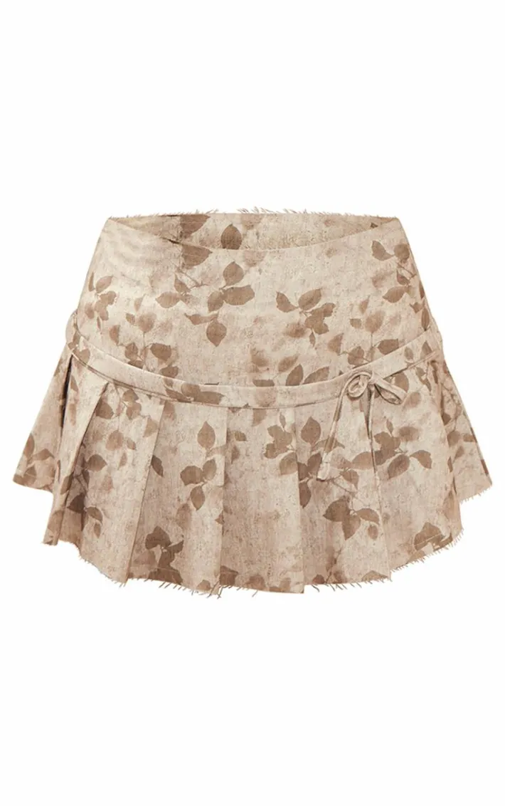 Stone Printed Twill Pleated Raw Hem Mini Skirt