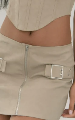 Clearance PrettyLittleThing PU Buckle Strap Detail Low Rise Micro Mini Skirt Stone