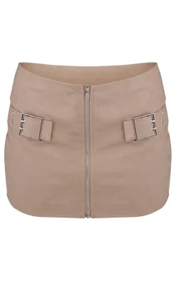 Clearance PrettyLittleThing PU Buckle Strap Detail Low Rise Micro Mini Skirt Stone