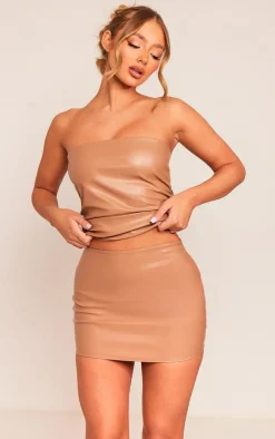 Discount PrettyLittleThing Pu Ruched Side Detail Longline Bandeau Stone