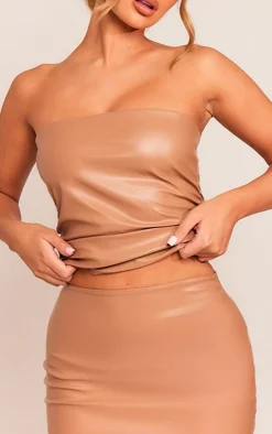 Discount PrettyLittleThing Pu Ruched Side Detail Longline Bandeau Stone