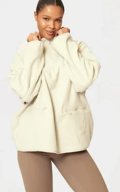 Stone Quarter Zip Fleece Pocket Detail Sweatshirt