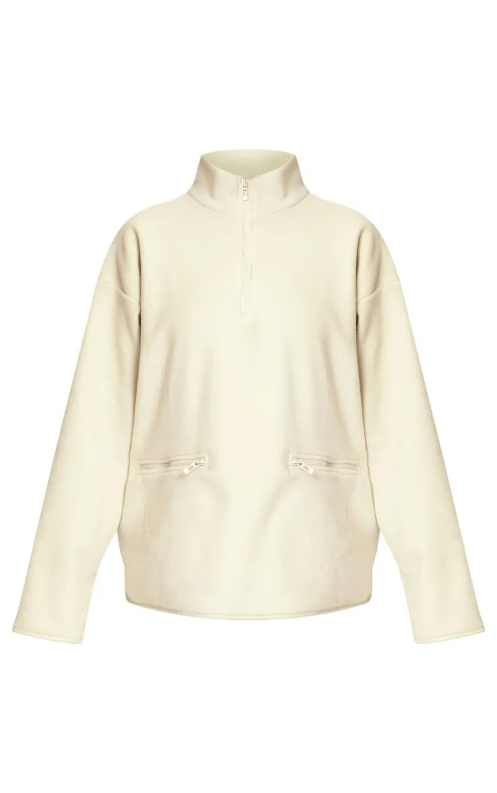Stone Quarter Zip Fleece Pocket Detail Sweatshirt