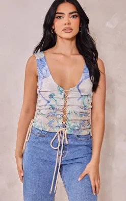 PrettyLittleThing Sleeveless Tops*Renaissance Print Woven Lace Up Detail Plunge Sleeveless Top