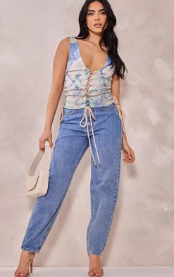 PrettyLittleThing Sleeveless Tops*Renaissance Print Woven Lace Up Detail Plunge Sleeveless Top