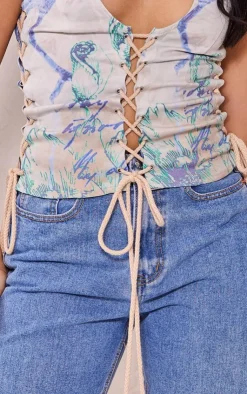 PrettyLittleThing Sleeveless Tops*Renaissance Print Woven Lace Up Detail Plunge Sleeveless Top