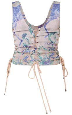 PrettyLittleThing Sleeveless Tops*Renaissance Print Woven Lace Up Detail Plunge Sleeveless Top